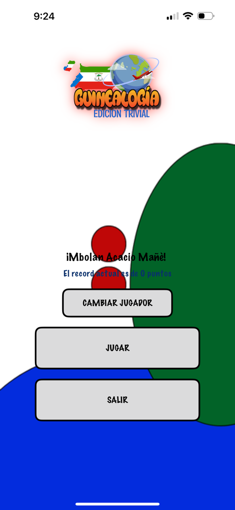 Guinealogia - La pantalla principal del juego de trivia Guinealogia que muestra botones para Jugar, Cambiar Jugador y Salir contra un fondo inspirado en la bandera de Guinea Ecuatorial.