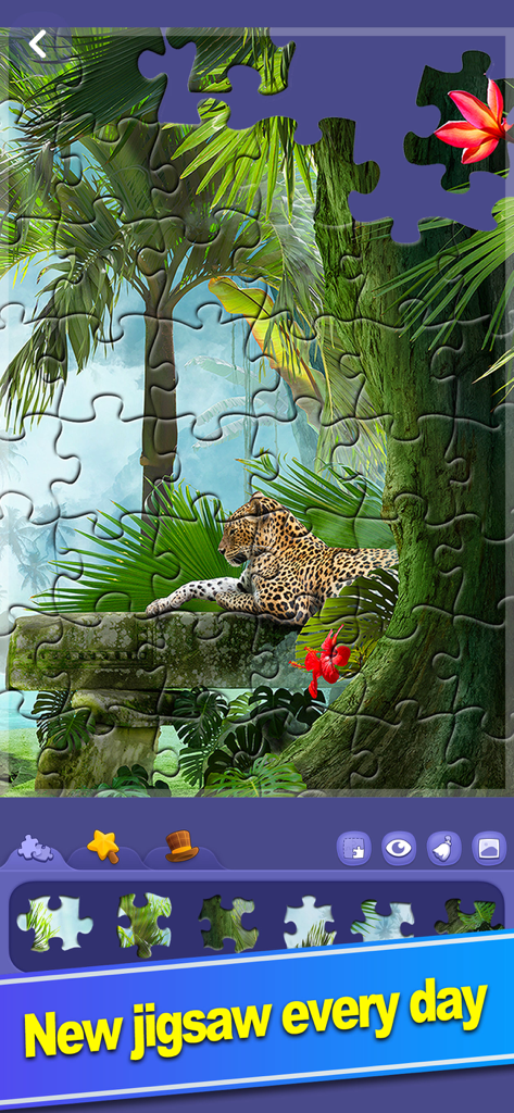 ColorPlanet® Jigsaw Puzzle - Digital jigsaw puzzle gameplay featuring a leopard in a lush jungle setting with a daily puzzle banner.