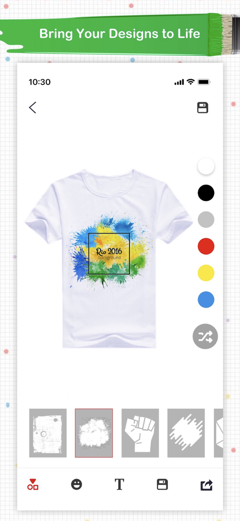 Schermata dell'app mobile che mostra una maglietta bianca con un design grafico colorato e una selezione di colori.