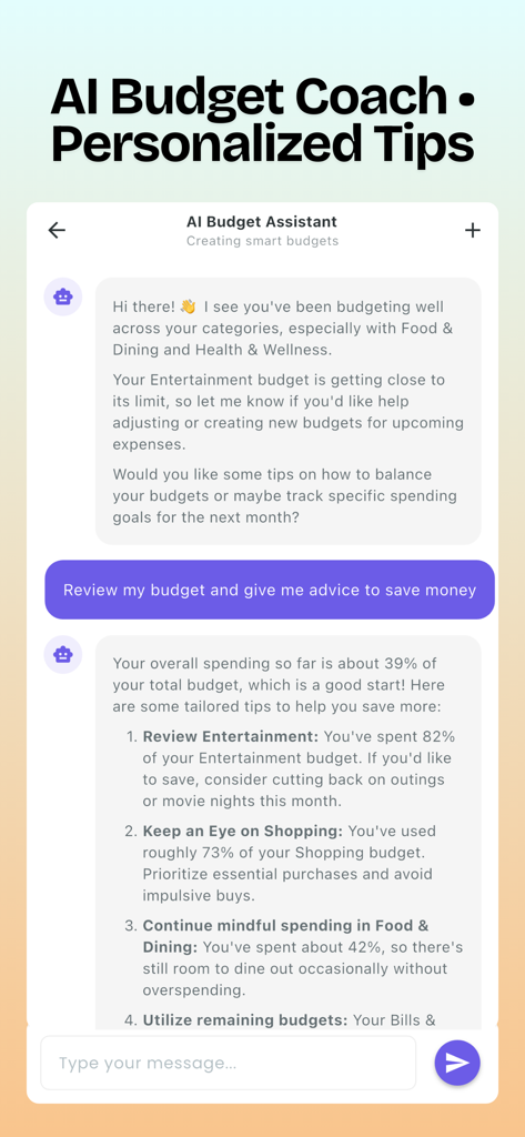 Interface de chat do Assistente de Orçamento com IA fornecendo dicas personalizadas de gastos e conselhos de economia.
