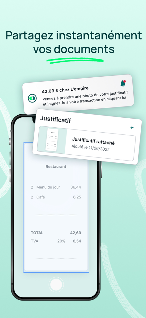 Pennylane - Aplicación móvil Pennylane que muestra un archivo adjunto de recibo y la función de notificación de gastos