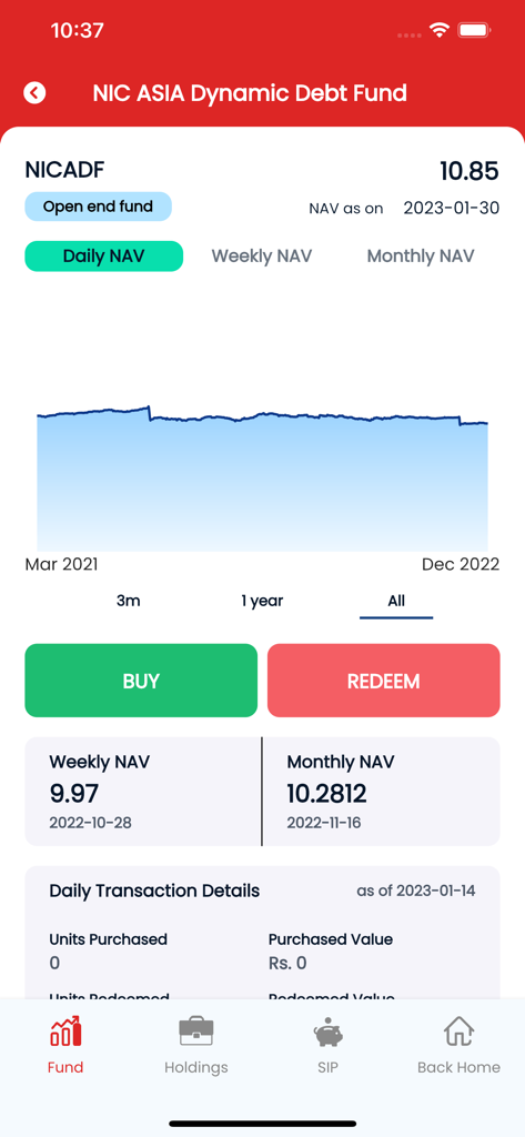 NIC ASIA Capital - Interface of NIC ASIA Capital app showing performance chart and NAV details for the Dynamic Debt Fund.