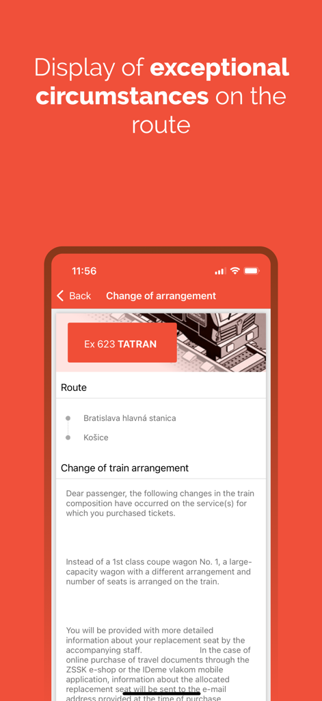 IDeme vlakom - IDeme vlakom app screen showing a change of train arrangement notification for the route from Bratislava to Kosice