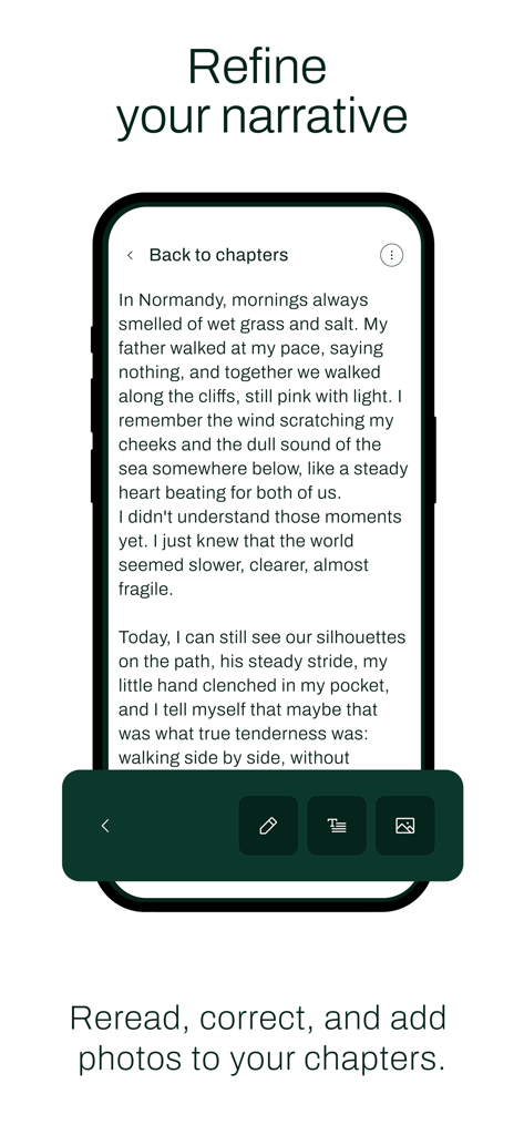 Elefantia - A smartphone displaying the Elefantia app interface for editing a life story chapter with tools for text correction and adding photos