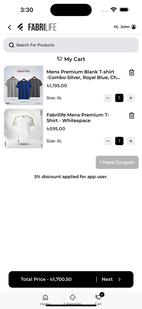 Fabrilife app shopping cart screen showing mens premium t-shirts and checkout total