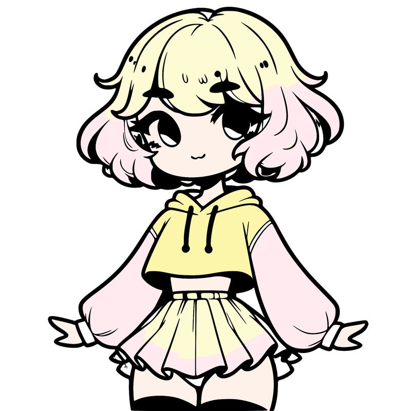 cute femboy with short, fluffy hair that softly frames their face, wearing a cropped hoodie, paired with a flouncy short skirt, and thigh-high stockings
