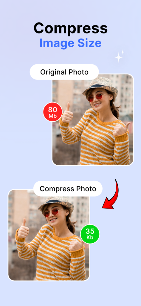 Jasper - AI video Generator - Comparison showing a photo being compressed from 80 megabytes to 35 kilobytes using Jasper AI.