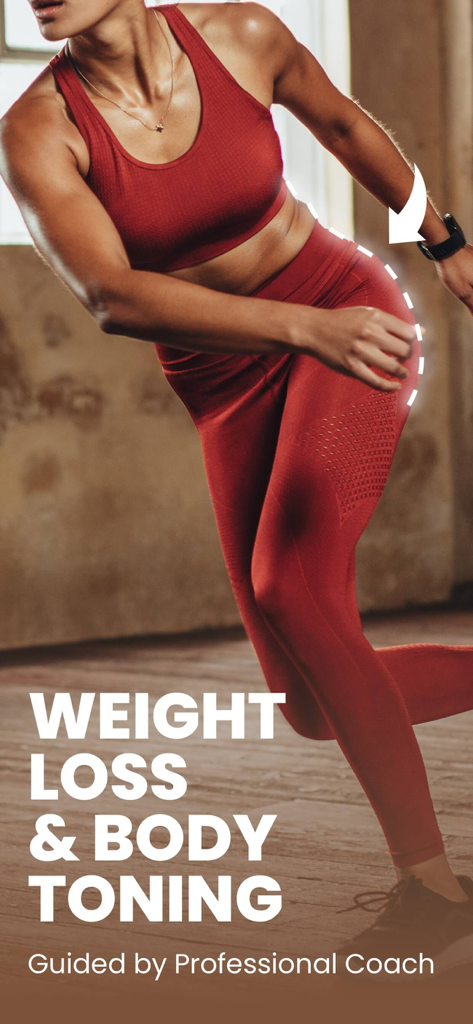 Woman in red activewear exercising with text overlay for weight loss and body toning
