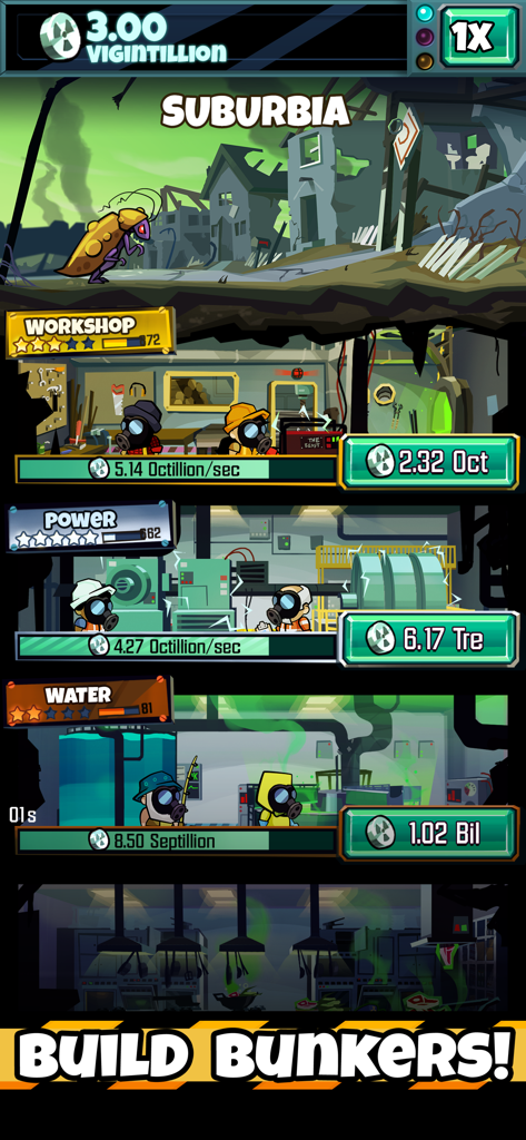 Doomsday Clicker - Ein Gameplay-Screenshot, der Charaktere in Gasmasken zeigt, die unterirdische Bunkerlevel für Werkstattstrom und Wasser in Doomsday Clicker verwalten.