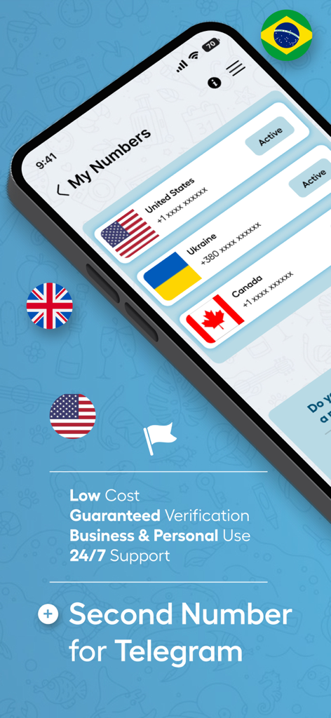 Uno schermo di smartphone che mostra un elenco di numeri di telefono virtuali attivi per gli Stati Uniti, l'Ucraina e il Canada all'interno dell'app TelegSim.