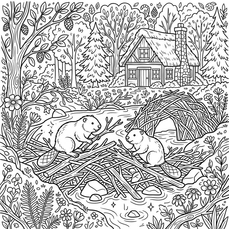 Discover the heartwarming world of beavers building their home in a charming cottagecore setting. This delightful coloring page invites you to explore rustic nature with every stroke of your pencil.