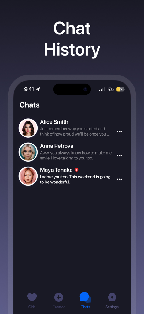 AI Girlfriend: Virtual GF Chat - Captura de pantalla de la aplicación Novia IA que muestra una lista de chats de personajes virtuales con avatares y previsualizaciones de mensajes.