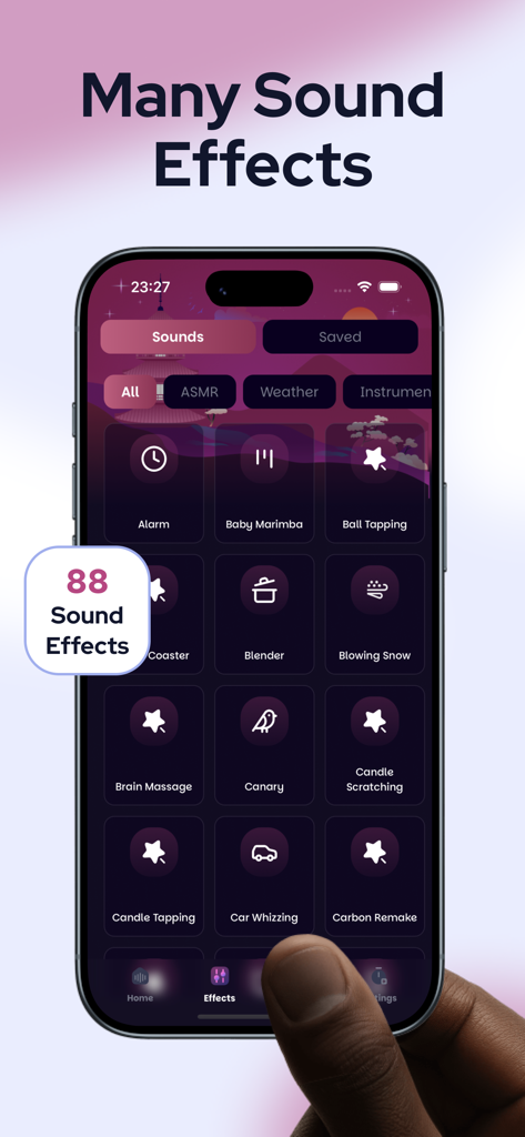 ASMR Sleep Sound Mix: Soundify - Interface do aplicativo Soundify mostrando uma grade de 88 efeitos sonoros diferentes, incluindo natureza e gatilhos ASMR.