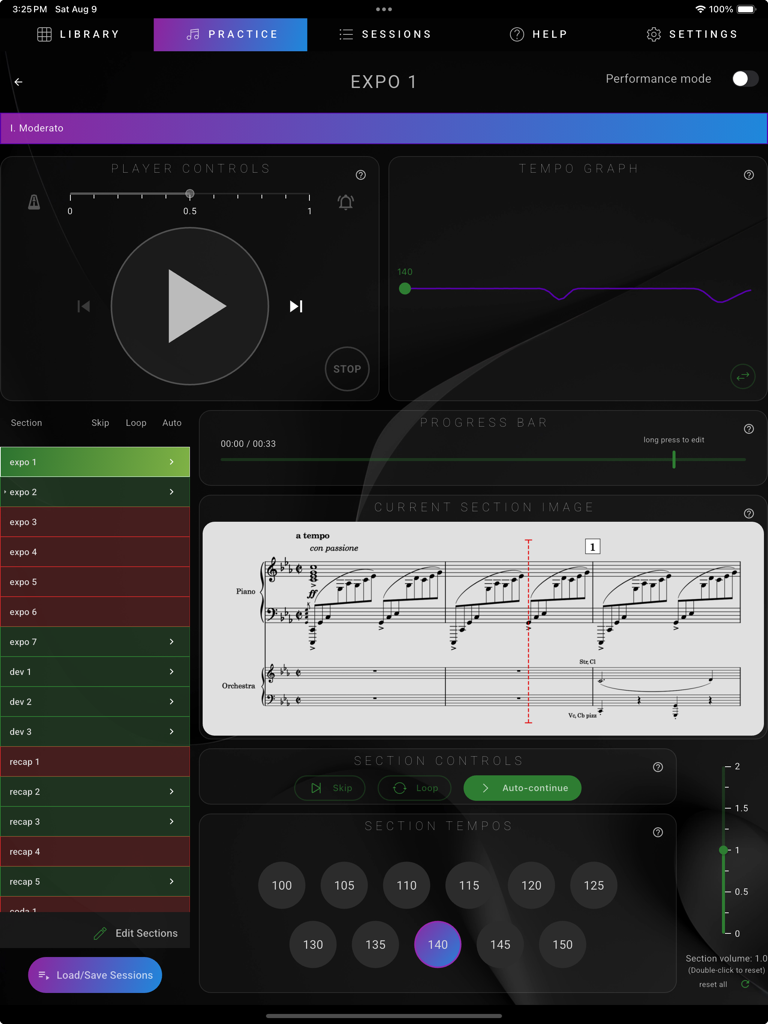 GPhil - GPhil practice interface showing concerto sheet music with tempo graph and section controls for virtual orchestra accompaniment.