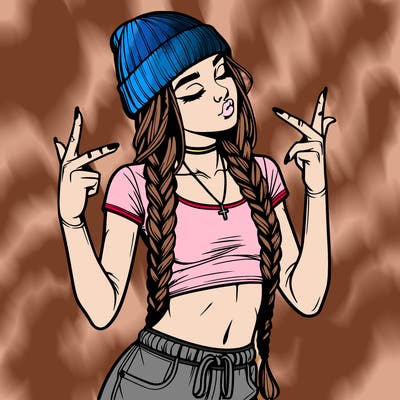 realistic teenage girl with braids and a beanie and crop top doing 🫶🏼