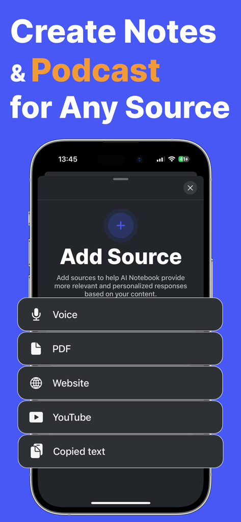 Notera app interface showing options to add voice, PDF, website, and YouTube sources for AI note creation