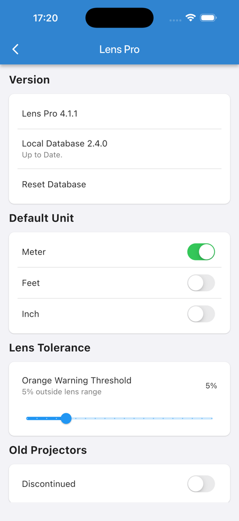 Pantalla de configuración de la aplicación LensPro que muestra la selección de unidades y la configuración del umbral de tolerancia de la lente