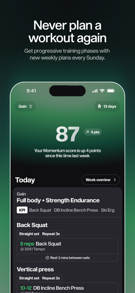 MARCHON TRAINING - Interface do aplicativo MARCHON TRAINING mostrando um plano diário de treino de força e resistência com pontuação de momentum
