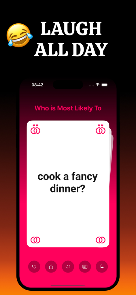 Most Likely To | Question Game - スマートフォン画面に、質問「豪華なディナーを作る」というMost Likely Toパーティーゲームのカードが表示されている。
