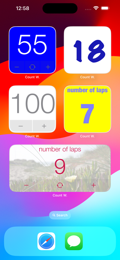 Multiple customizable Count Widget counters in various colors and styles displayed on an iPhone home screen.