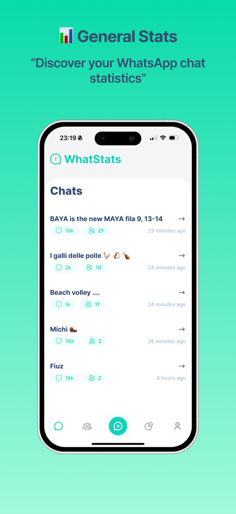 WhatStats - Chat Statistics - Screenshot of the WhatStats app showing message and participant counts for different WhatsApp chats