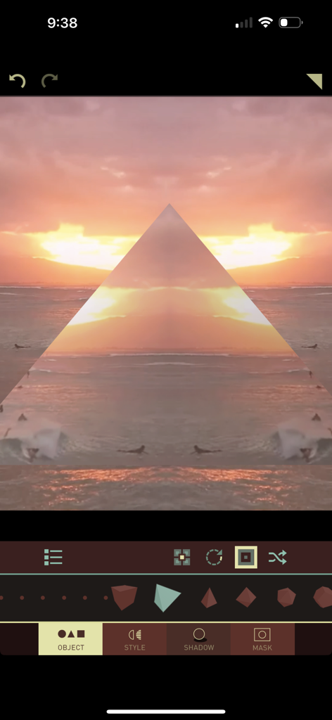 Matter app editing interface with a large 3D geometric triangle over a sunset beach scene