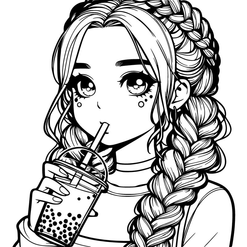 realistic girl with braided hair drinking boba