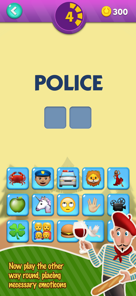 EmojiNation 2 - Pantalla de juego de EmojiNation 2 con un acertijo de palabras sobre la policía y varias opciones de emojis