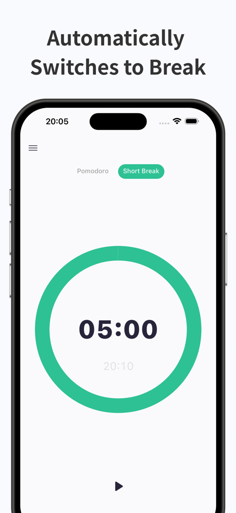 Pomodoro Timer - Focus Keeper - 緑色の円形プログレスバーが付いた5分間の短い休憩カウントダウンが表示されたポモドーロタイマーアプリインターフェース