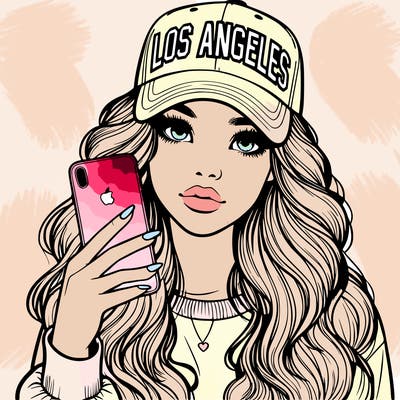 realistic beautiful girl wearing los ángeles cap holding an iphone