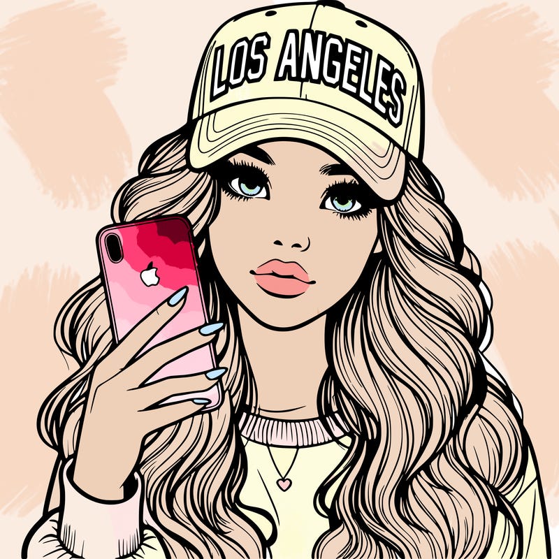realistic beautiful girl wearing los ángeles cap holding an iphone