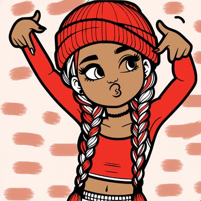 realistic teenage girl with braids and a beanie and crop top doing 🫶🏼