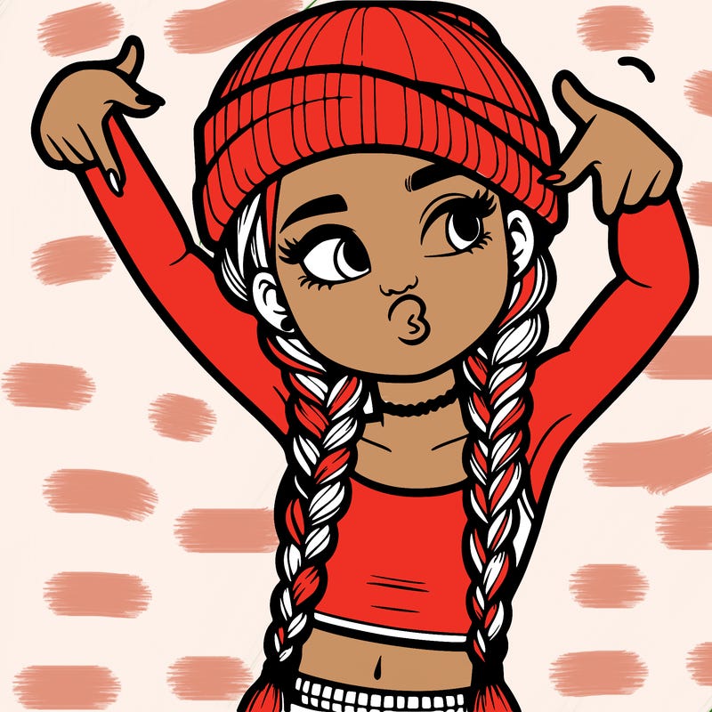 realistic teenage girl with braids and a beanie and crop top doing 🫶🏼