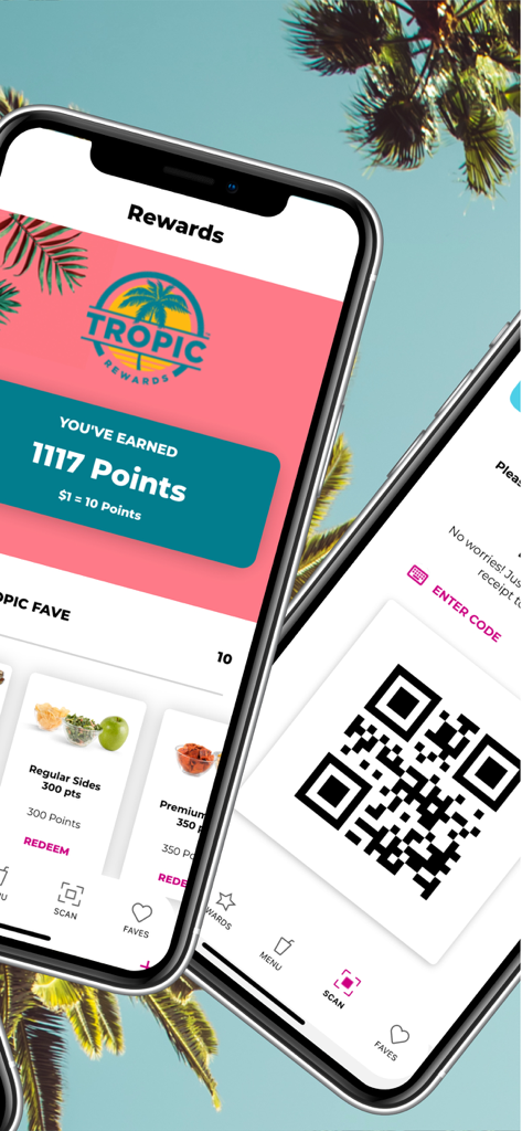 Tropical Smoothie Cafe app showing the Tropic Rewards loyalty points screen and a QR code for scanning.