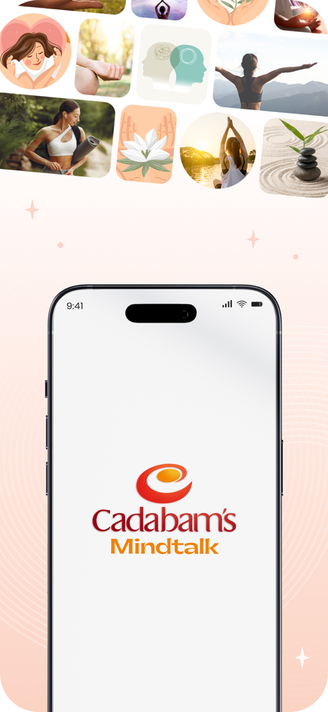 The Cadabams Mindtalk splash screen showing the app logo on a smartphone with wellness lifestyle imagery