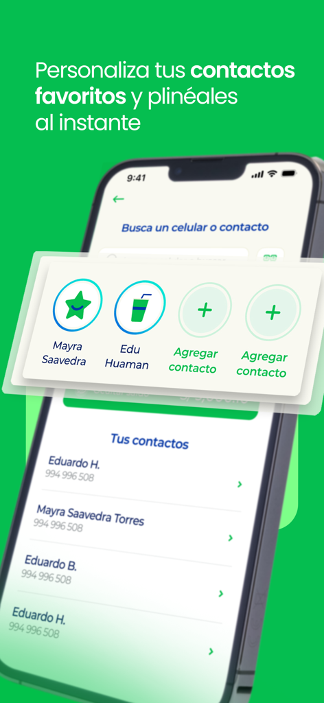 Interbank APP - Mobile interface of Interbank app showing a menu to customize favorite contacts for instant payments