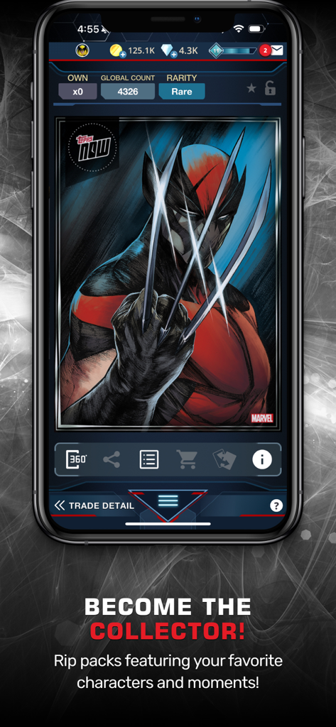 A digital Wolverine trading card displayed on a smartphone within the Marvel Collect app interface.