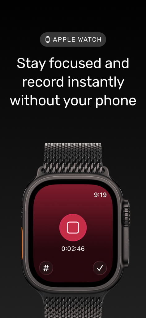 Noted: Record & AI Transcribe - Interface d'enregistrement vocal de l'application Noted sur une Apple Watch
