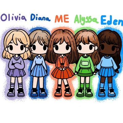 5 girls standing next to each other in a line