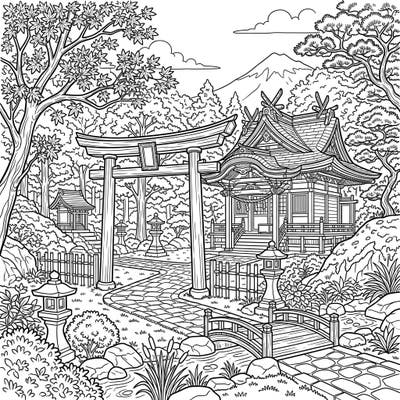 Discover the peaceful beauty of a traditional Japanese Shinto shrine in this stunning full-scene coloring template. Featuring intricate details of torii gates, ancient temples, and lush natural landscapes, it promises hours of creative relaxation.
