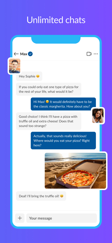 Skout Dating App & Live Chat - Screenshot of the Skout app interface showing a conversation between two users with the headline Unlimited chats.