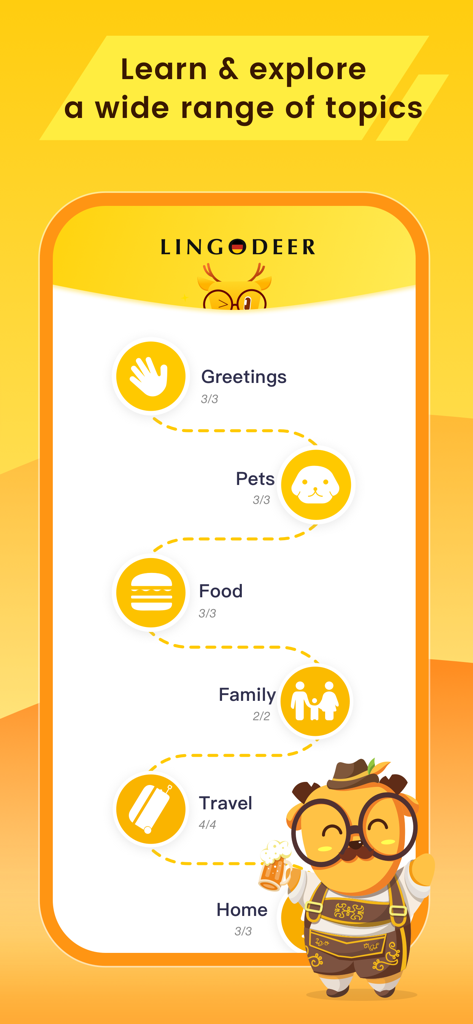 LingoDeer app screenshot showing a structured learning path with topics like Greetings Pets and Food