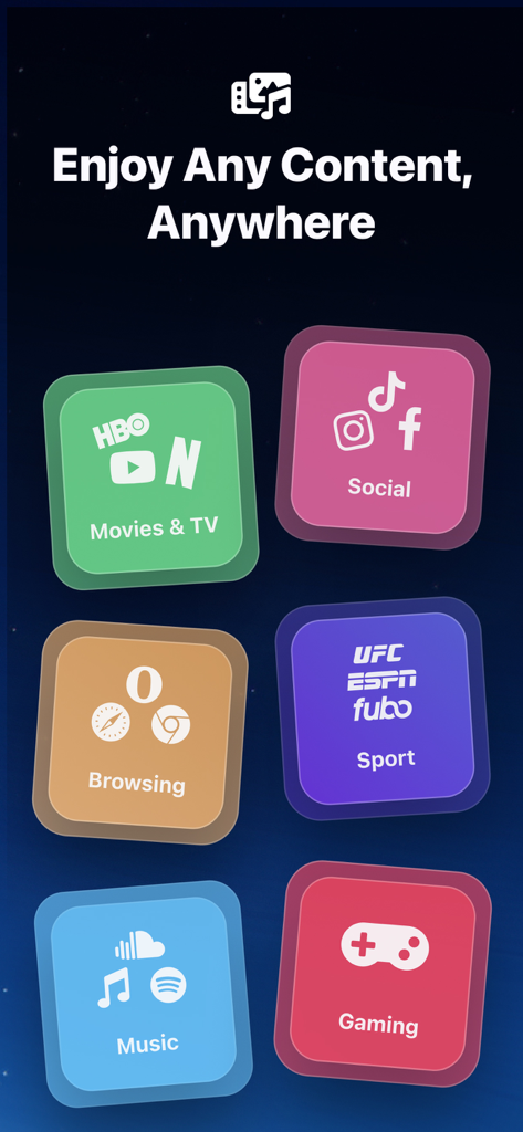 Pantalla de la aplicación Secure360 VPN que enumera categorías de contenido como Películas, Navegación Social, Deportes, Música y Juegos