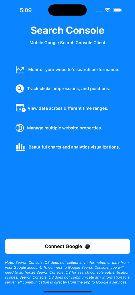 Search Console Mobile - Search Console Mobile onboarding screen showcasing features like tracking SEO performance and managing multiple properties