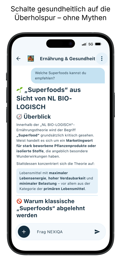 NEXIQA - NEXIQA app interface on an iPhone showing a conversation about health and nutrition with expert-verified AI responses.