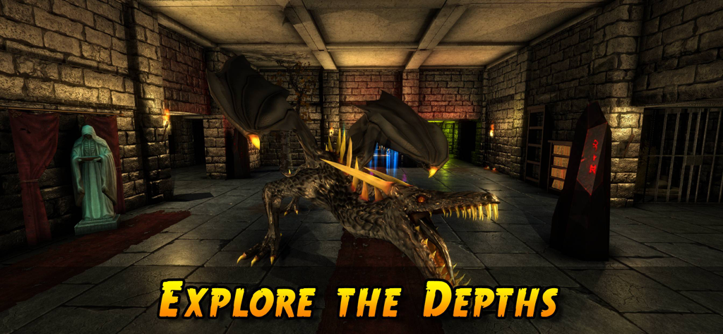 Ein schwarzer geflügelter Drache in einem Steinkeller mit dem Text 'explore the depths' (Erkunde die Tiefen)