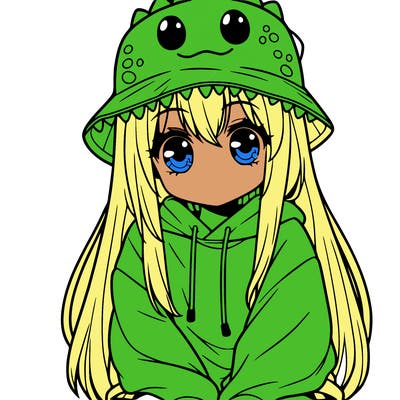 girl with anime shaped eyes with a dinosaur bucket hat oversized sweatshirt long straight hair