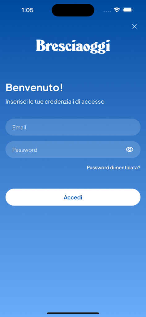 Bresciaoggi - Schermata di accesso dell'app mobile Bresciaoggi con campi per email e password