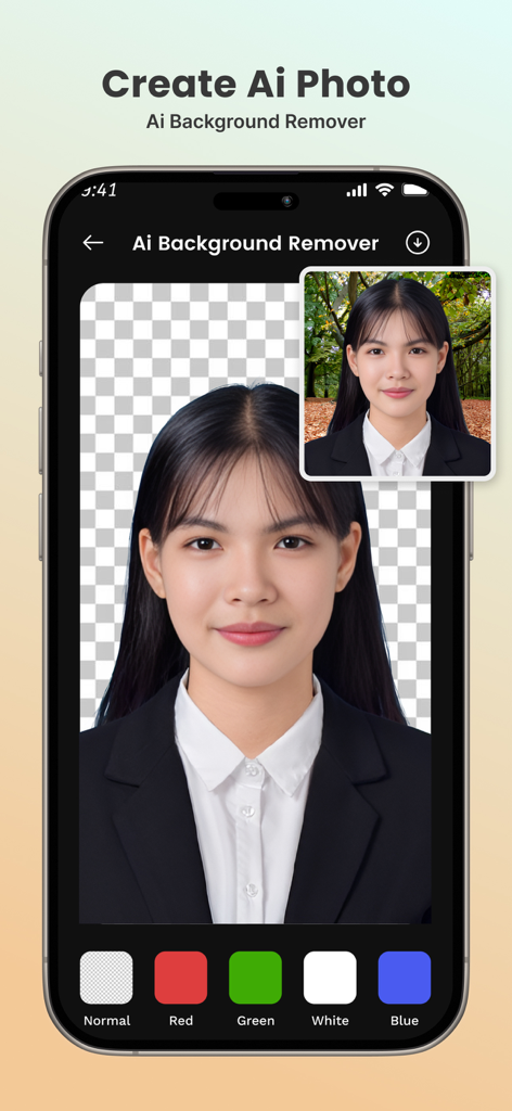 Create AI - Une interface mobile de l'application Create AI montrant l'outil de suppression d'arrière-plan IA transformant un portrait en un plan d'en-tête professionnel avec des couleurs d'arrière-plan personnalisables.