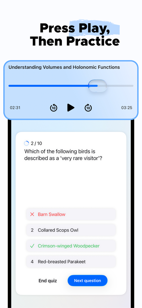 Interfaz de la aplicación Notewise mostrando un reproductor de podcasts de audio integrado y un cuestionario de práctica de opción múltiple para estudiar.